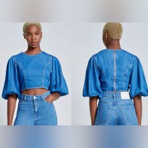 7 FOR ALL MANKIND DENIM CROPPED PUFF SLEEVE TOP WOMEN’S SIZE S
